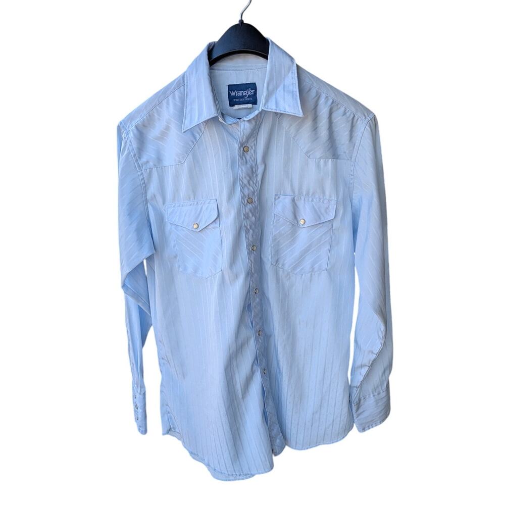 VTG Wrangler Pearl Snap Lt Blue Shadow Design 90"s Long Sleeve Dress Shirt Med.